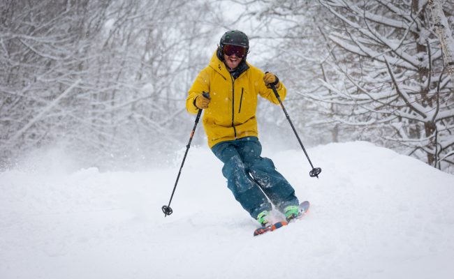 Skier in yellow jacket with snow covered trees